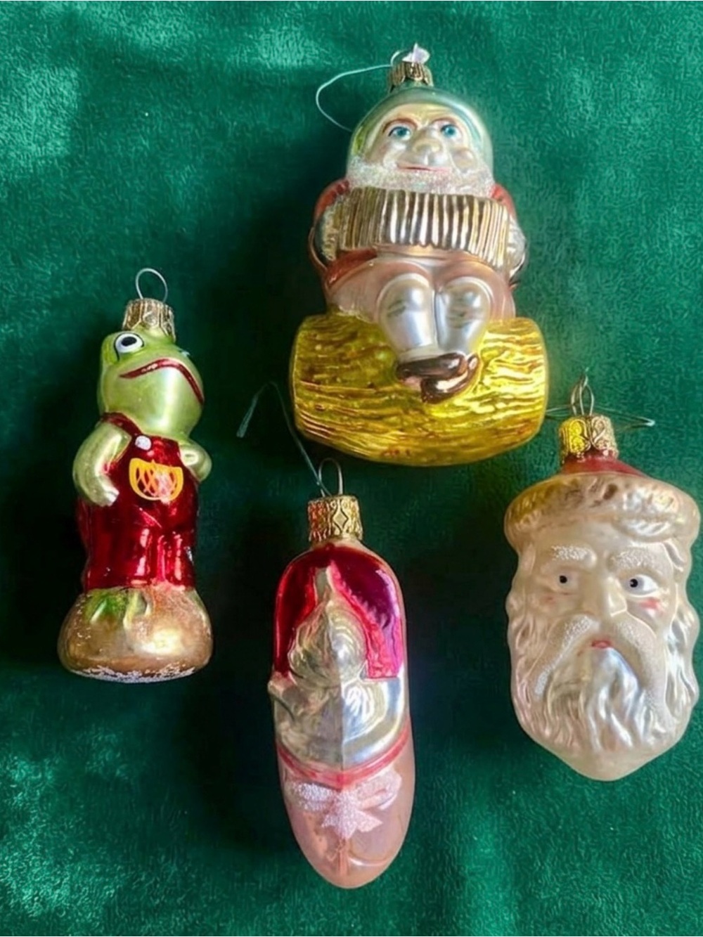 Vtg Blown Glass Ornaments Lot 4 Elf Gnome Radko Frog Santa Face  Kitten In Shoe